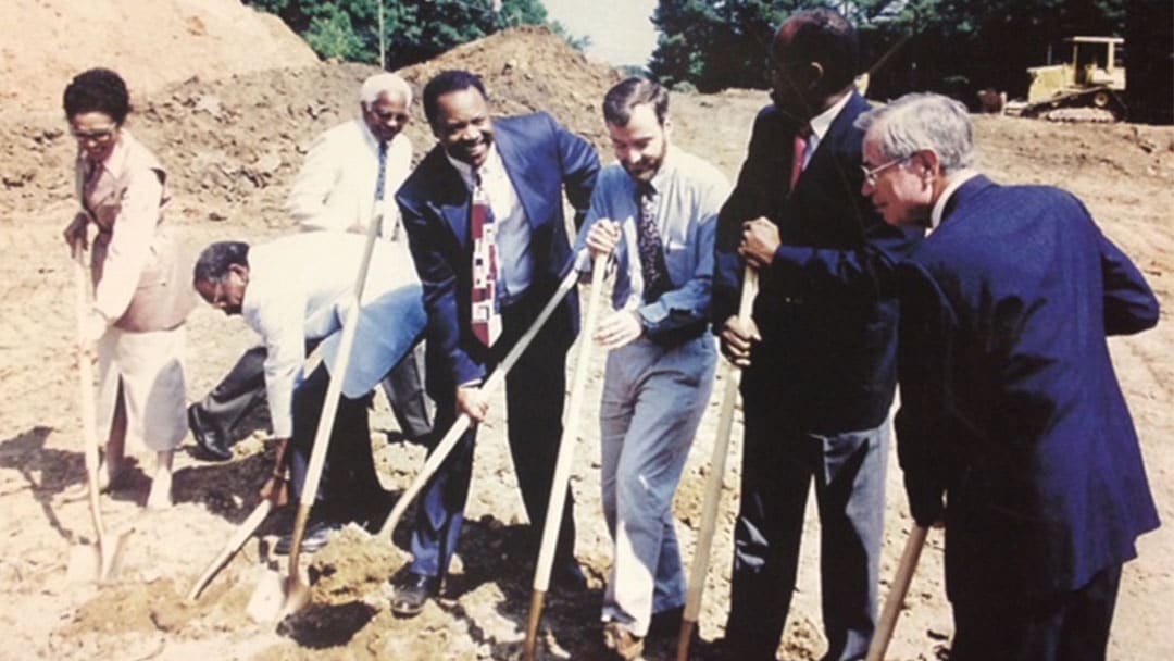 Seven representatives with shovels at Advance Community Health ground breaking ceremony